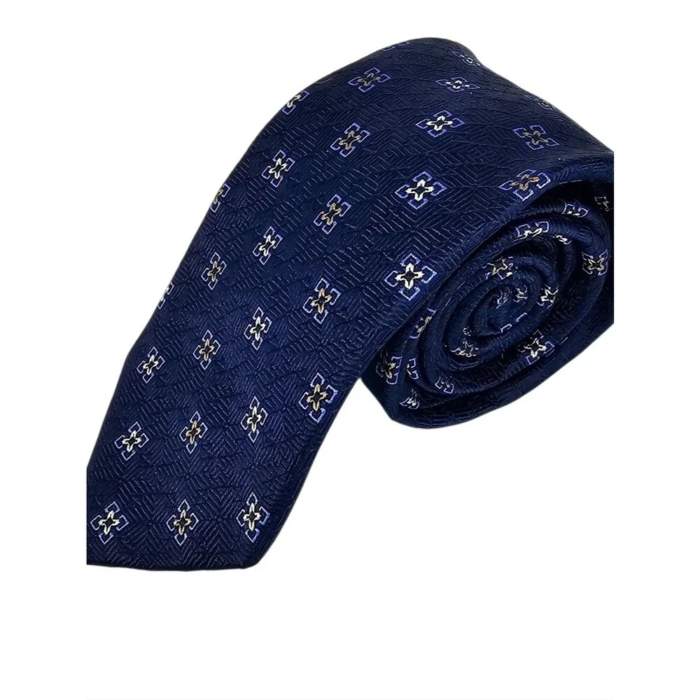 PAUL FREDRICK Navy Blue Tan Geometric Silk Tie Classic Business Formal
